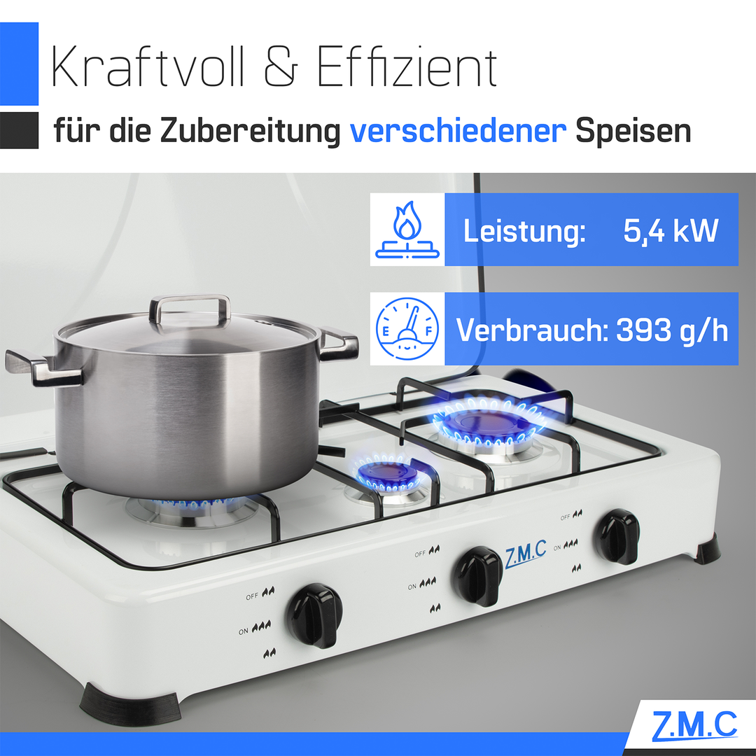 ZMC 3-flammig Gaskocher, Campingkocher inkl. Schlauch + Regler, Propan-Flüssiggas (LPG) optimiert/je zwei Brenner 2,2 kW sowie ein Brenner 1,0 kW, 30mbar - 50mbar, mit abnehmbarer Deckel