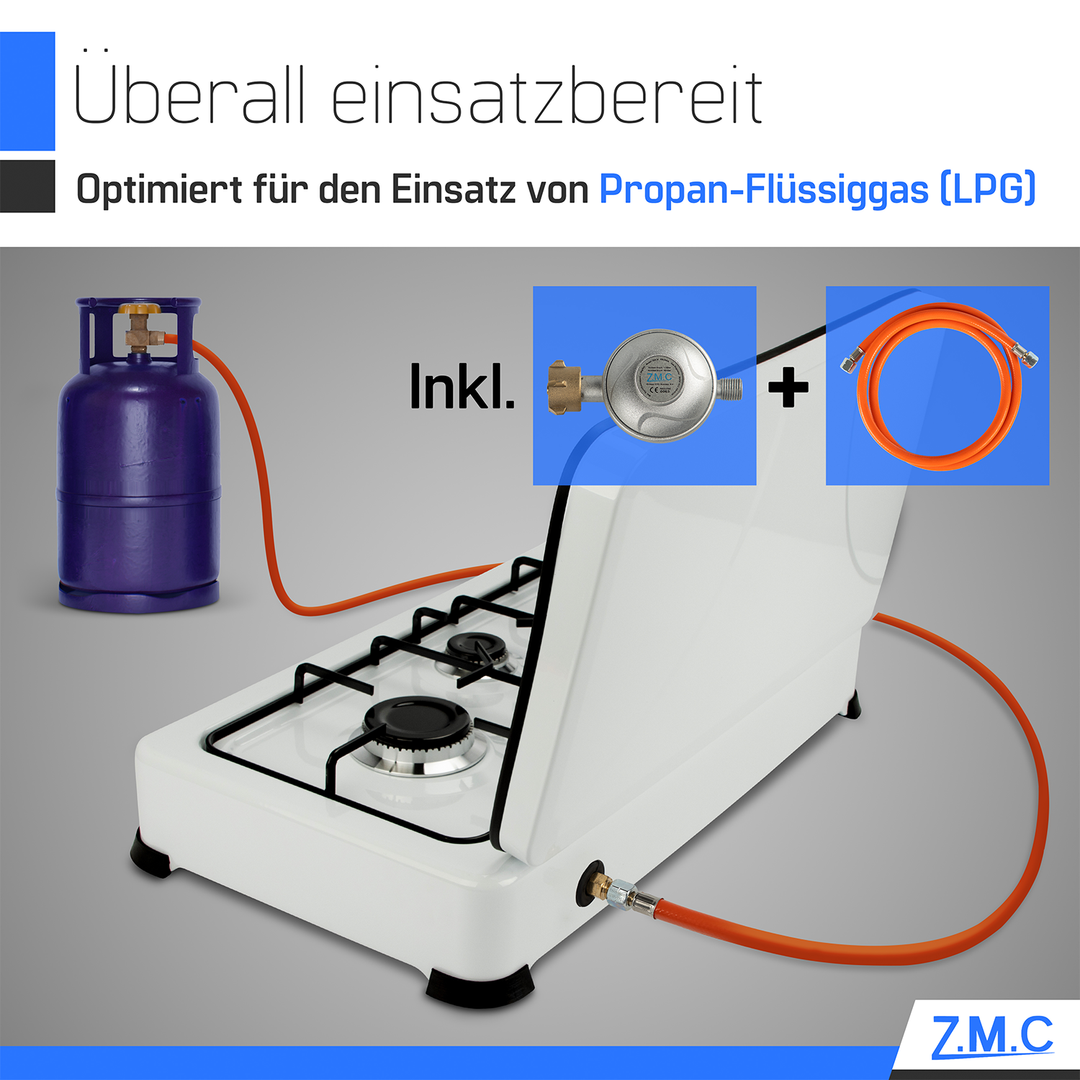 ZMC 3-flammig Gaskocher, Campingkocher inkl. Schlauch + Regler, Propan-Flüssiggas (LPG) optimiert/je zwei Brenner 2,2 kW sowie ein Brenner 1,0 kW, 30mbar - 50mbar, mit abnehmbarer Deckel