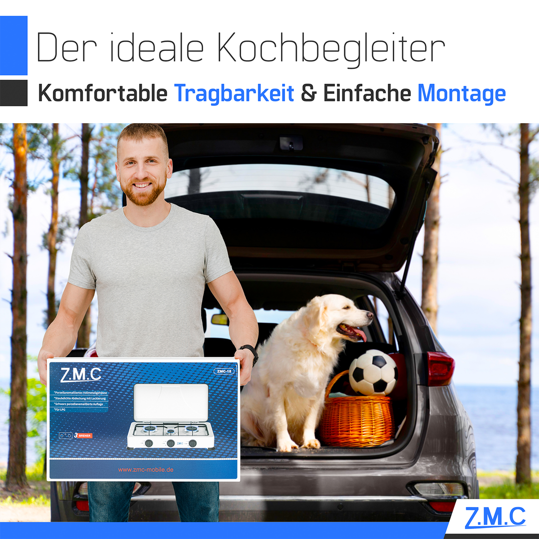 ZMC 3-flammig Gaskocher, Campingkocher inkl. Schlauch + Regler, Propan-Flüssiggas (LPG) optimiert/je zwei Brenner 2,2 kW sowie ein Brenner 1,0 kW, 30mbar - 50mbar, mit abnehmbarer Deckel
