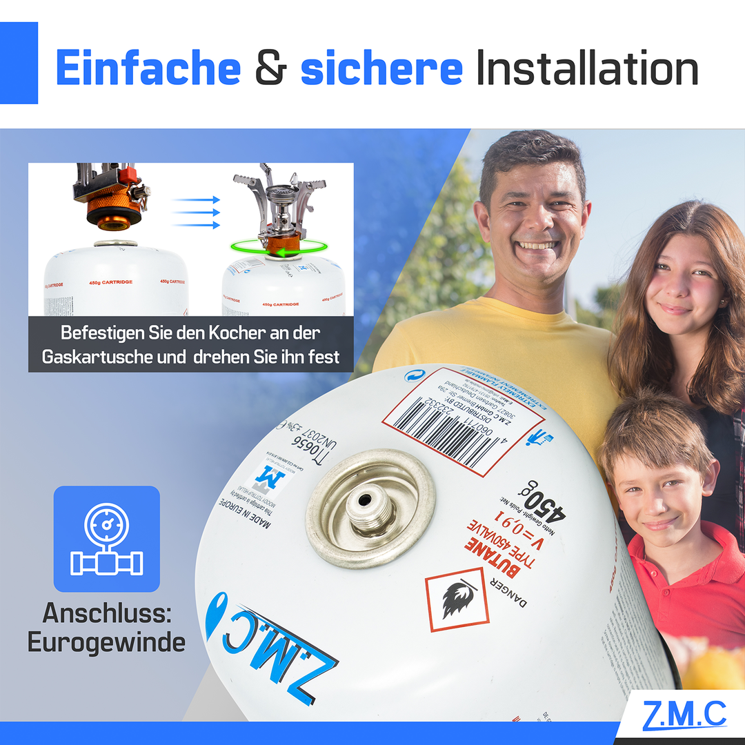 ZMC Butangas Kartuschen 450g, Schraubkartusche mit Butan/ Propan Gas 900 ml, Universal Gaskartusche EN417 Ventilkartusche mit Schraubverschluss