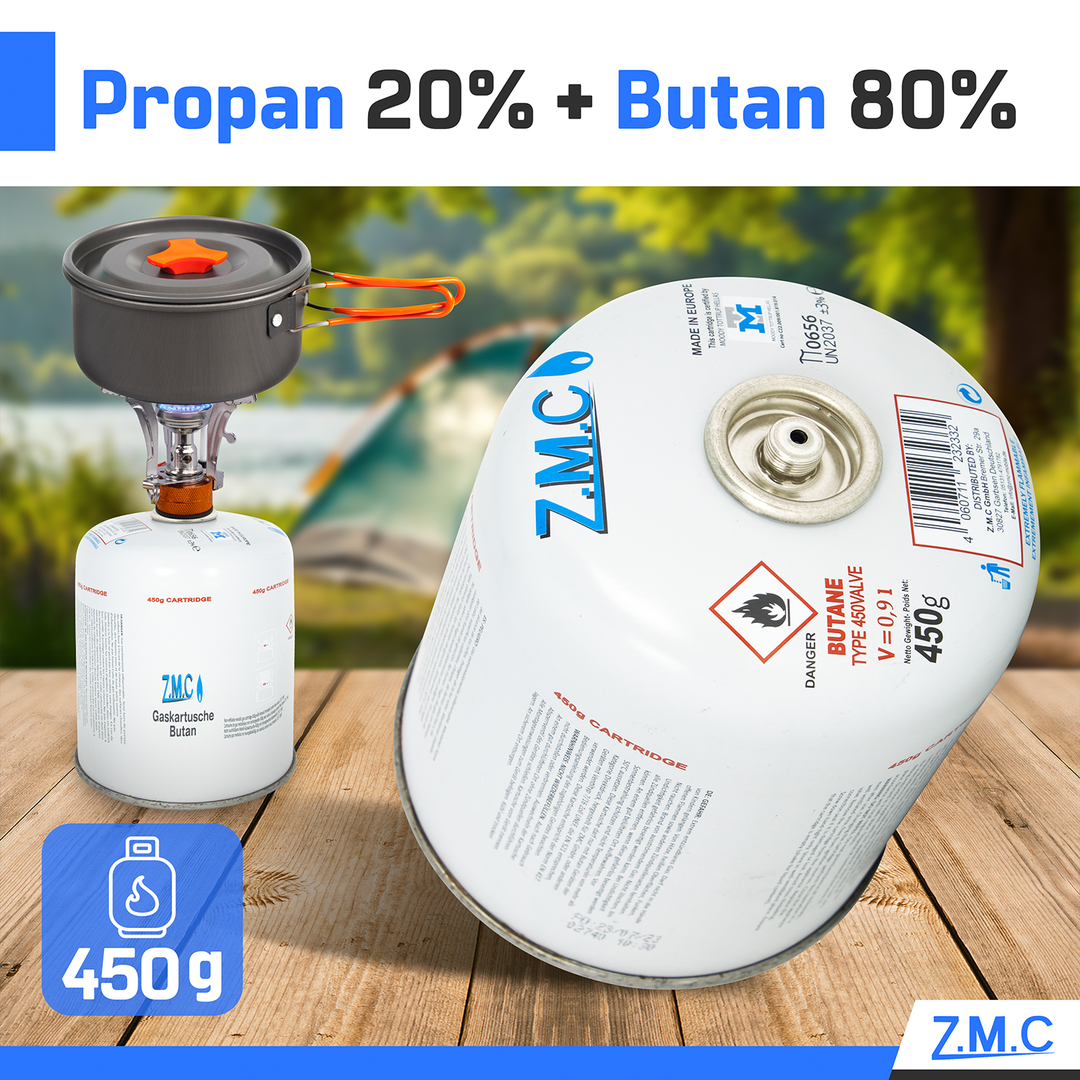ZMC Butangas Kartuschen 450g, Schraubkartusche mit Butan/ Propan Gas 900 ml, Universal Gaskartusche EN417 Ventilkartusche mit Schraubverschluss