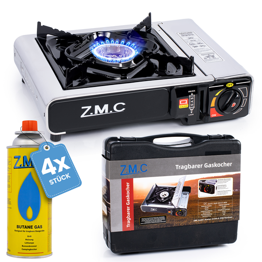 ZMC Edelstahl Gaskocher 1-flammig + Aufbewahrungskoffer Wählbar mit Gaskartuschen 227g oder Grillplatte , Campingkocher für Outdoor und Innenraum, 2,2 kW mit Piezozündung