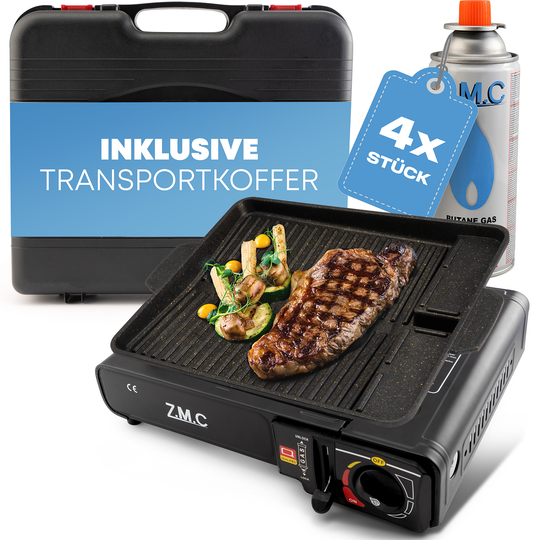 ZMC Gaskocher 1-flammig 2,2KW, inkl. Adapter für LPG Gasflaschen + Aufbewahrungskoffer Wählbar mit Grillplatte oder Gaskartuschen 227g, Campingkocher mit Piezozündung
