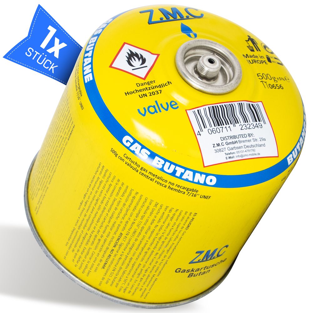 ZMC 500g Gaskartusche 990 ml – Schraubkartusche mit 7/16" Gaskartuschen Eurogewinde & Sicherheitsventil – Propan/Butan 80/20 – passend für Weber Gasgrill, Campingkocher & Gasbrenner – BBQ Outdoor