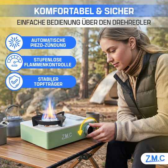 Campingkocher 1-flammig 3500W | 3-Brenner-System & Piezo-Zündung, tragbarer Premium Gaskocher mit Transportkoffer, kompakt 1,4 kg – Outdoor, Camping, Garten & Reisen
