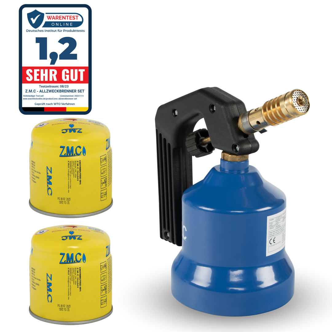 ZMC Gasbrenner 2,2 kW, Flambierbrenner, inkl. Gaskartuschen, Küchenbrenner mit einstellbarer Flamme, Brenneraufsatz für Camping, Lötbrenner für Stechkartuschen 190g