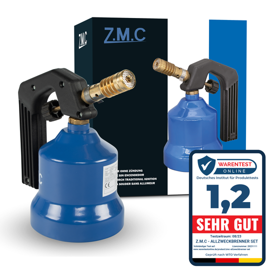 ZMC Gasbrenner 2,2 kW, Flambierbrenner, inkl. Gaskartuschen, Küchenbrenner mit einstellbarer Flamme, Brenneraufsatz für Camping, Lötbrenner für Stechkartuschen 190g