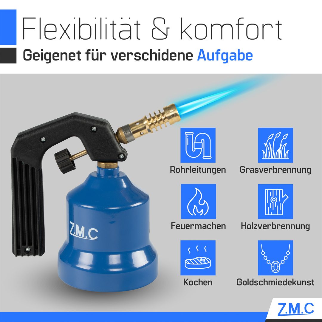 ZMC Gasbrenner 2,2 kW, Flambierbrenner, inkl. Gaskartuschen, Küchenbrenner mit einstellbarer Flamme, Brenneraufsatz für Camping, Lötbrenner für Stechkartuschen 190g