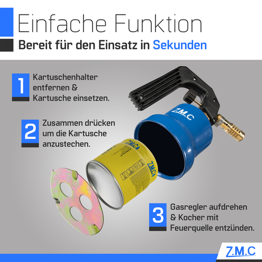 ZMC Gasbrenner 2,2 kW, Flambierbrenner, inkl. Gaskartuschen, Küchenbrenner mit einstellbarer Flamme, Brenneraufsatz für Camping, Lötbrenner für Stechkartuschen 190g