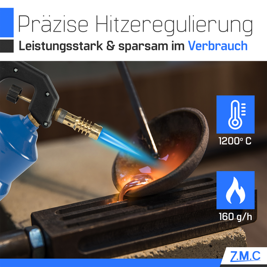 ZMC Gasbrenner 2,2 kW, Flambierbrenner, inkl. Gaskartuschen, Küchenbrenner mit einstellbarer Flamme, Brenneraufsatz für Camping, Lötbrenner für Stechkartuschen 190g