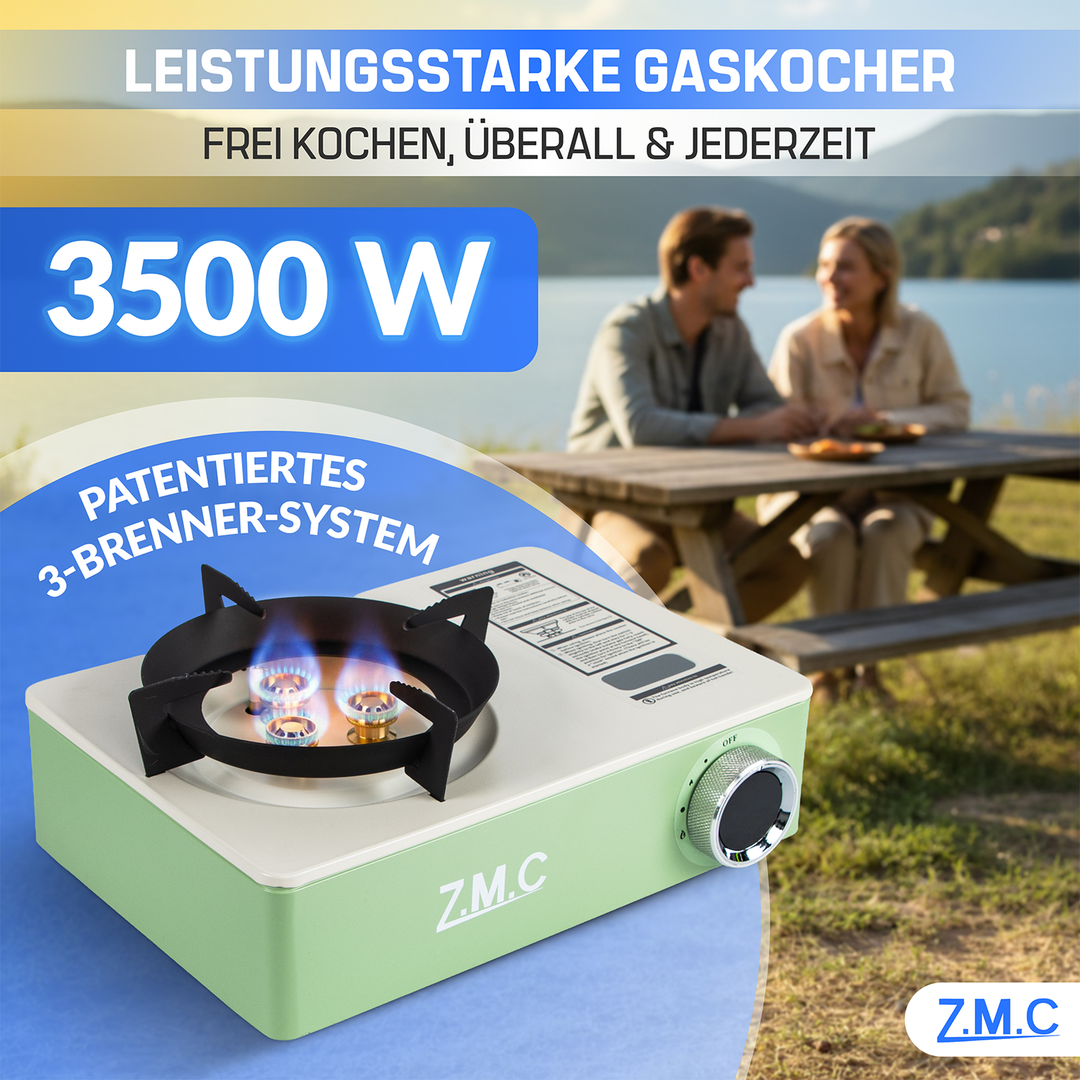 Campingkocher 1-flammig 3500W | 3-Brenner-System & Piezo-Zündung, tragbarer Premium Gaskocher mit Transportkoffer, kompakt 1,4 kg – Outdoor, Camping, Garten & Reisen