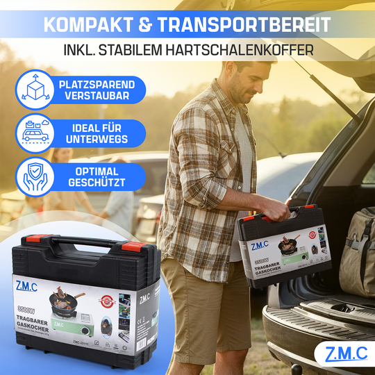 Campingkocher 1-flammig 3500W | 3-Brenner-System & Piezo-Zündung, tragbarer Premium Gaskocher mit Transportkoffer, kompakt 1,4 kg – Outdoor, Camping, Garten & Reisen