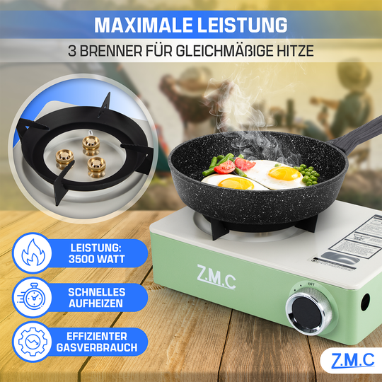 Campingkocher 1-flammig 3500W | 3-Brenner-System & Piezo-Zündung, tragbarer Premium Gaskocher mit Transportkoffer, kompakt 1,4 kg – Outdoor, Camping, Garten & Reisen