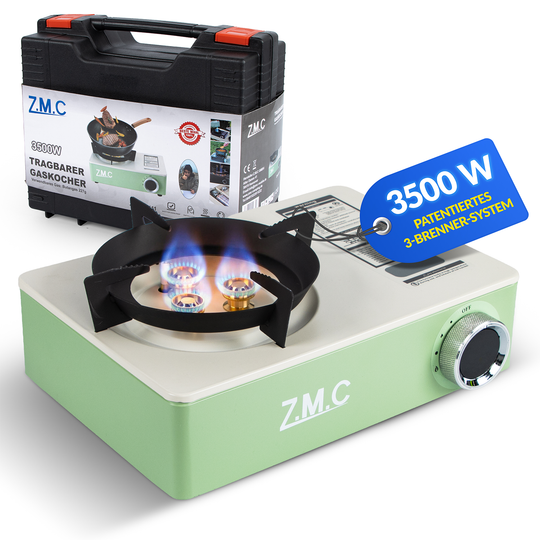 Campingkocher 1-flammig 3500W | 3-Brenner-System & Piezo-Zündung, tragbarer Premium Gaskocher mit Transportkoffer, kompakt 1,4 kg – Outdoor, Camping, Garten & Reisen