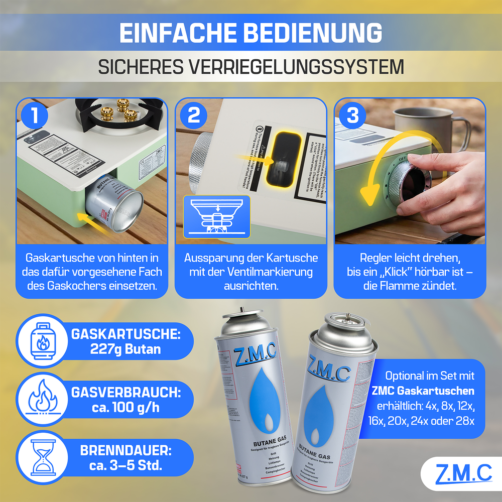 ZMC Gaskocher 1-flammig 3500W mit 3-Brenner-System & Piezo-Zündung, tragbarer Premium Campingkocher mit Transportkoffer, kompakt & leicht 1,4 kg, Outdoor Gasherd für Camping, Garten & Reisen, wählbar mit Gaskartuschen