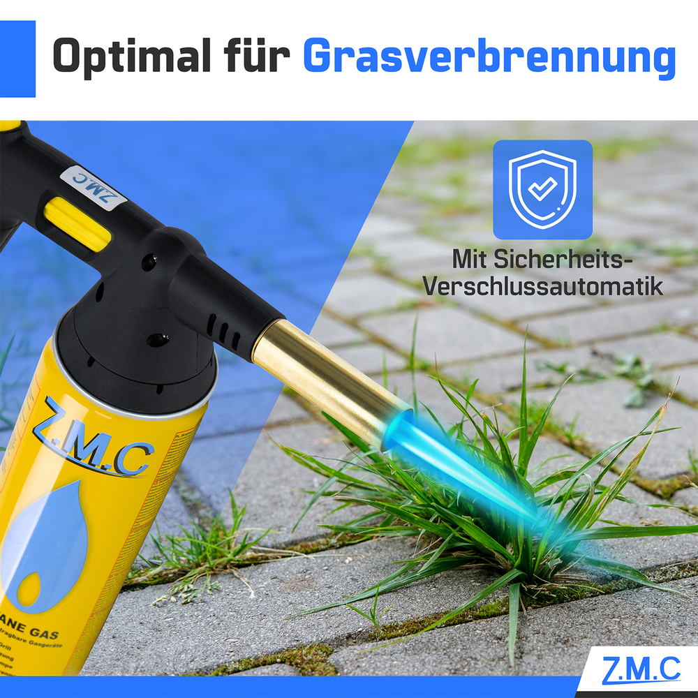 ZMC Gasbrenner 1,5 kW + Gaskartuschen 227g, mit Piezo-Zündung, Bunsenbrenner bis zu 1300°C, Lötbrenner Küchenbrenner mit einstellbare Flamme