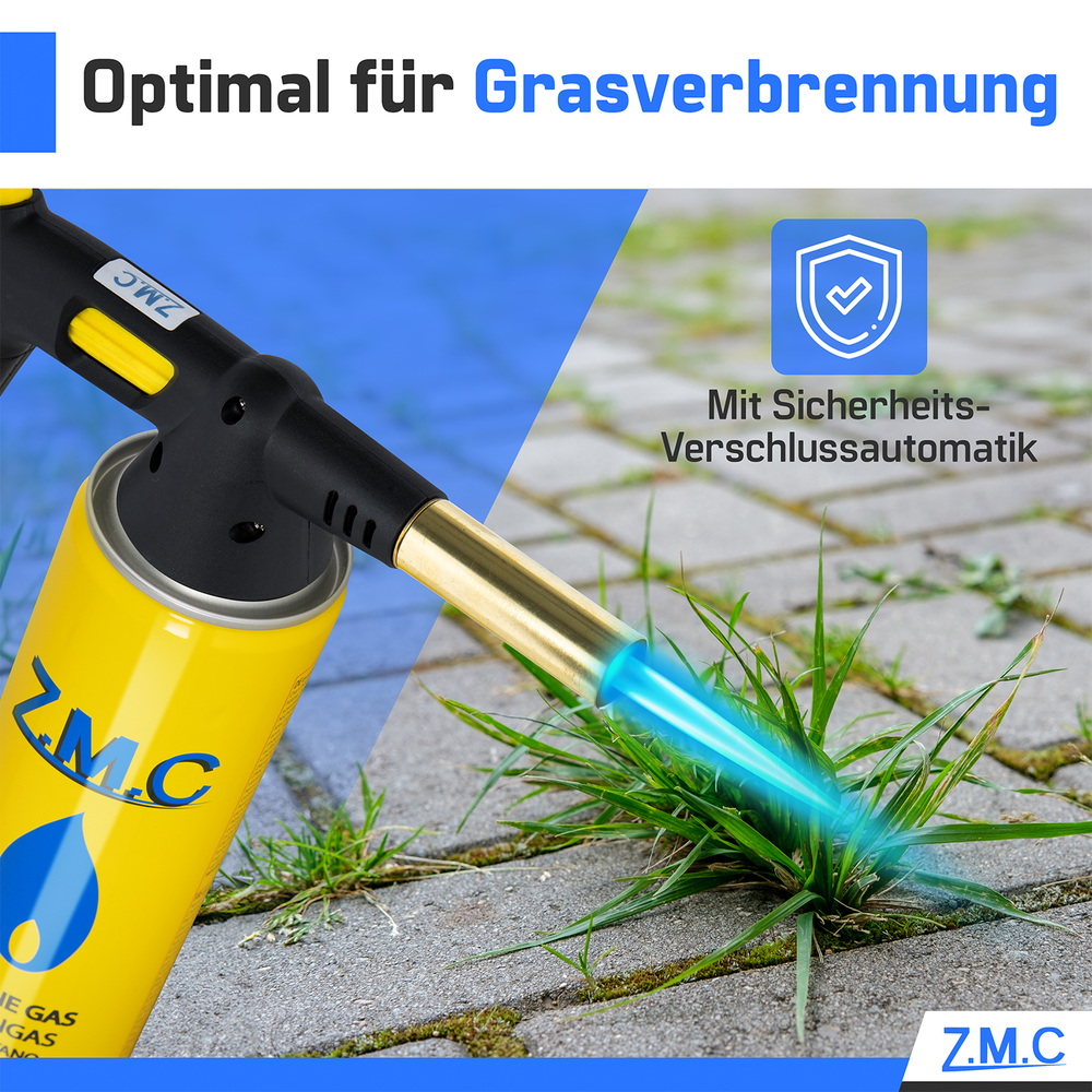 ZMC Gasbrenner 1,5 kW + Gaskartuschen 330g, mit Piezo-Zündung, Bunsenbrenner bis zu 1350°C, Lötbrenner Küchenbrenner mit einstellbare Flamme