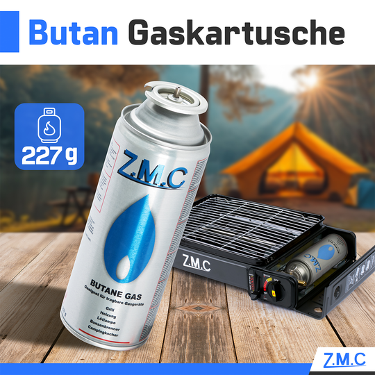 ZMC Butan Gaskartuschen 227g, Typ MSF-1a, Universal Gaskartusche mit Bajonett Anschluss für Campingkocher, Gasheizung, Gasbrenner, Unkrautbrenner