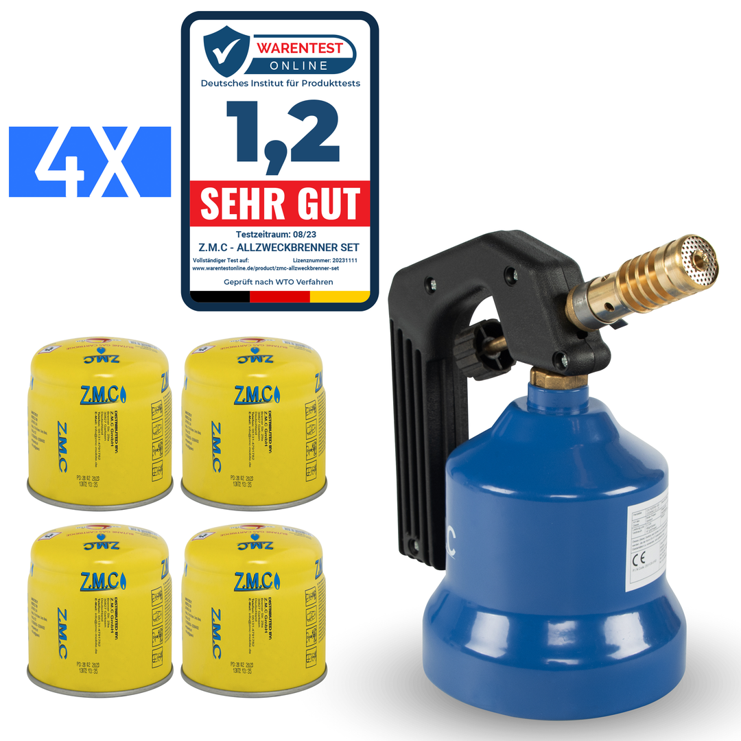 ZMC Gasbrenner 2,2 kW, Flambierbrenner, inkl. Gaskartuschen, Küchenbrenner mit einstellbarer Flamme, Brenneraufsatz für Camping, Lötbrenner für Stechkartuschen 190g
