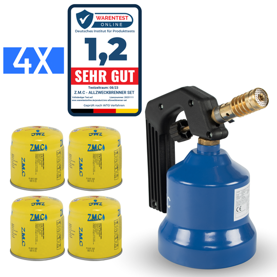 ZMC Gasbrenner 2,2 kW, Flambierbrenner, inkl. Gaskartuschen, Küchenbrenner mit einstellbarer Flamme, Brenneraufsatz für Camping, Lötbrenner für Stechkartuschen 190g