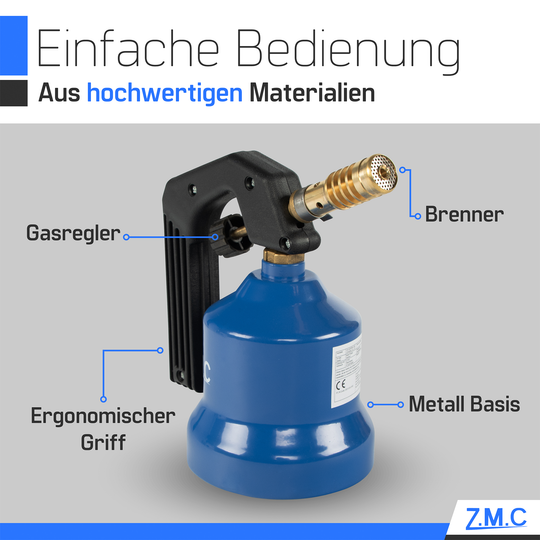 ZMC Gasbrenner 2,2 kW, Flambierbrenner, inkl. Gaskartuschen, Küchenbrenner mit einstellbarer Flamme, Brenneraufsatz für Camping, Lötbrenner für Stechkartuschen 190g