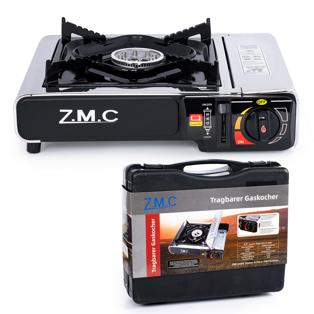 ZMC Edelstahl Gaskocher 1-flammig + Aufbewahrungskoffer Wählbar mit Gaskartuschen 227g oder Grillplatte , Campingkocher für Outdoor und Innenraum, 2,2 kW mit Piezozündung