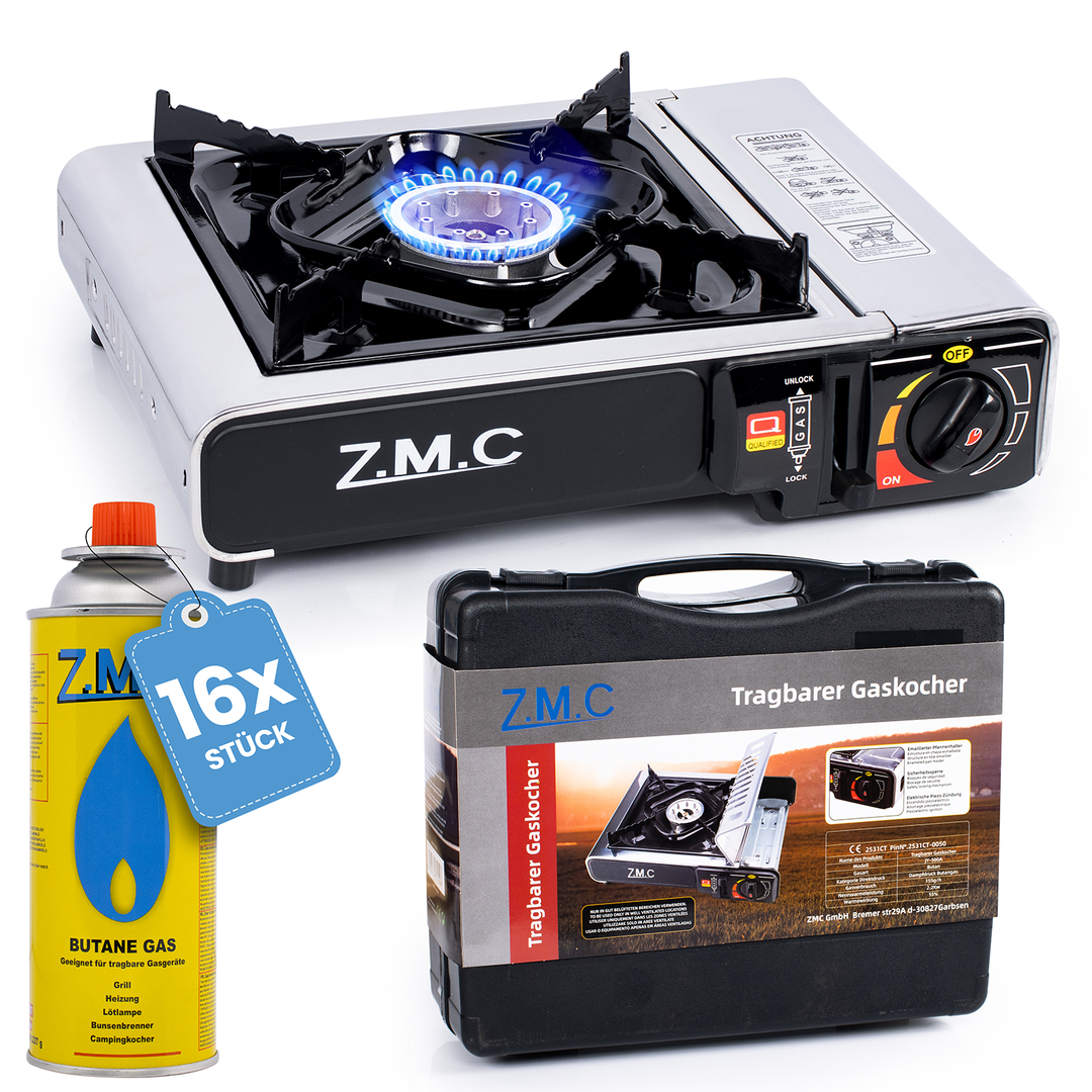 ZMC Edelstahl Gaskocher 1-flammig + Aufbewahrungskoffer Wählbar mit Gaskartuschen 227g oder Grillplatte , Campingkocher für Outdoor und Innenraum, 2,2 kW mit Piezozündung