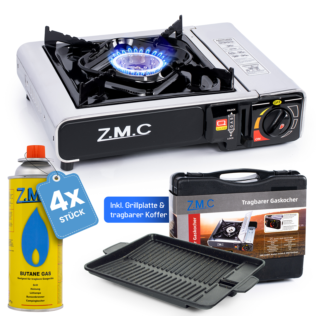 ZMC Edelstahl Gaskocher 1-flammig + Aufbewahrungskoffer Wählbar mit Gaskartuschen 227g oder Grillplatte , Campingkocher für Outdoor und Innenraum, 2,2 kW mit Piezozündung