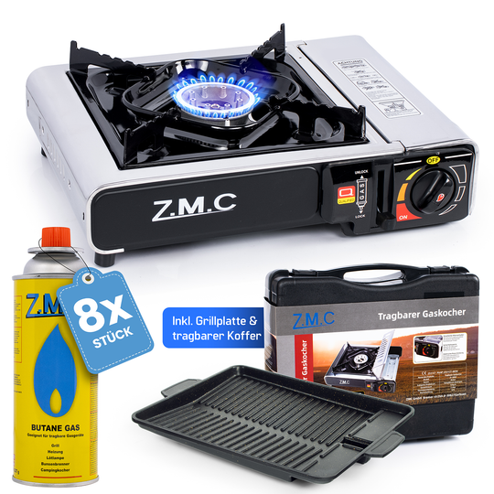 ZMC Edelstahl Gaskocher 1-flammig + Aufbewahrungskoffer Wählbar mit Gaskartuschen 227g oder Grillplatte , Campingkocher für Outdoor und Innenraum, 2,2 kW mit Piezozündung