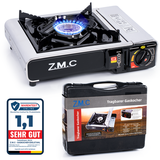 ZMC Edelstahl Gaskocher 1-flammig + Aufbewahrungskoffer Wählbar mit Gaskartuschen 227g oder Grillplatte , Campingkocher für Outdoor und Innenraum, 2,2 kW mit Piezozündung