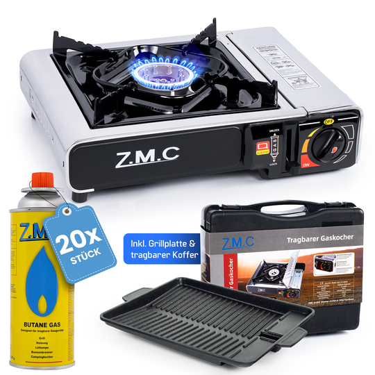 ZMC Edelstahl Gaskocher 1-flammig + Aufbewahrungskoffer Wählbar mit Gaskartuschen 227g oder Grillplatte , Campingkocher für Outdoor und Innenraum, 2,2 kW mit Piezozündung