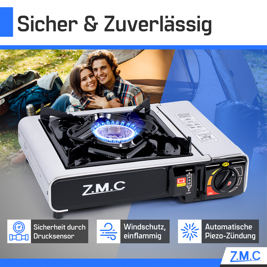 ZMC Edelstahl Gaskocher 1-flammig + Aufbewahrungskoffer Wählbar mit Gaskartuschen 227g oder Grillplatte , Campingkocher für Outdoor und Innenraum, 2,2 kW mit Piezozündung