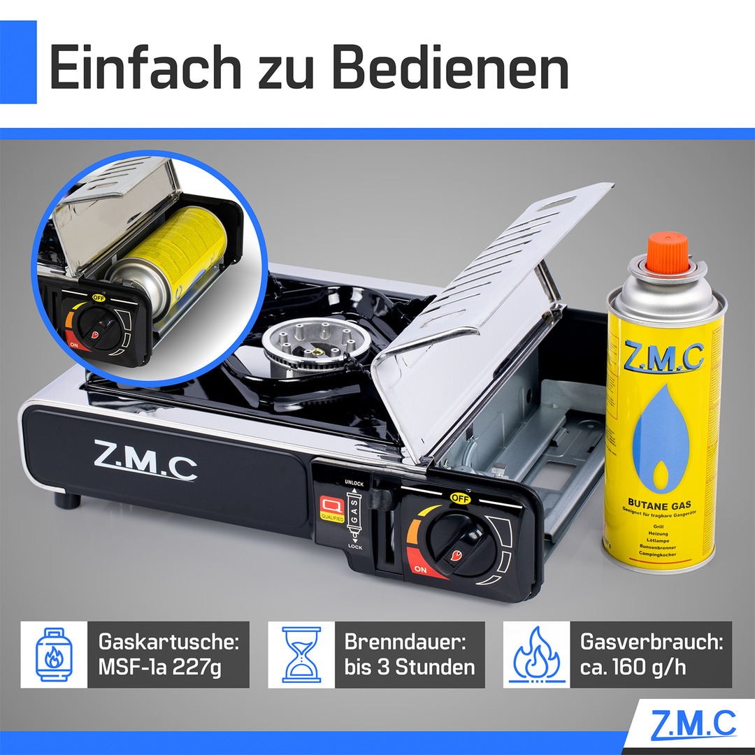 ZMC Edelstahl Gaskocher 1-flammig + Aufbewahrungskoffer Wählbar mit Gaskartuschen 227g oder Grillplatte , Campingkocher für Outdoor und Innenraum, 2,2 kW mit Piezozündung