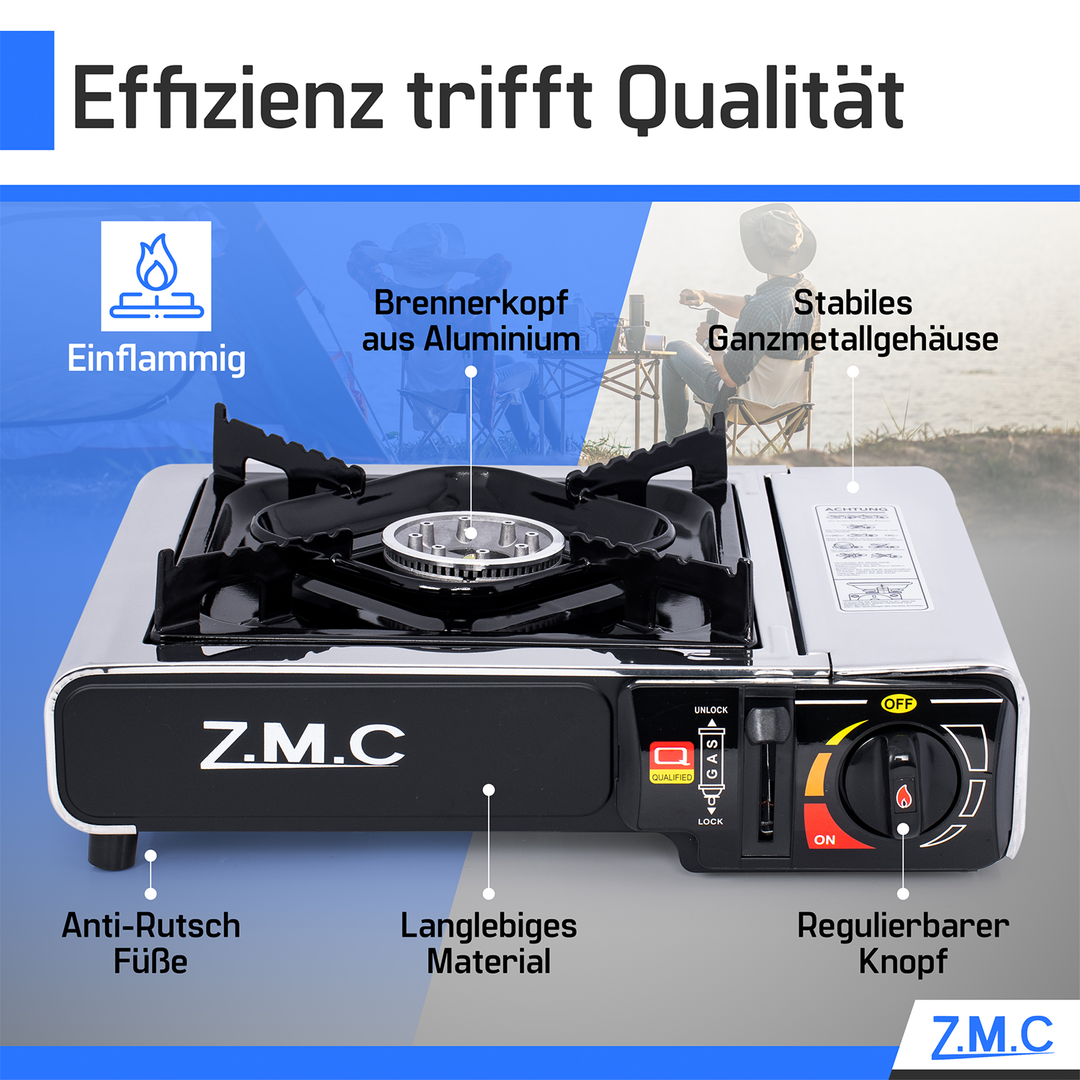 ZMC Edelstahl Gaskocher 1-flammig + Aufbewahrungskoffer Wählbar mit Gaskartuschen 227g oder Grillplatte , Campingkocher für Outdoor und Innenraum, 2,2 kW mit Piezozündung