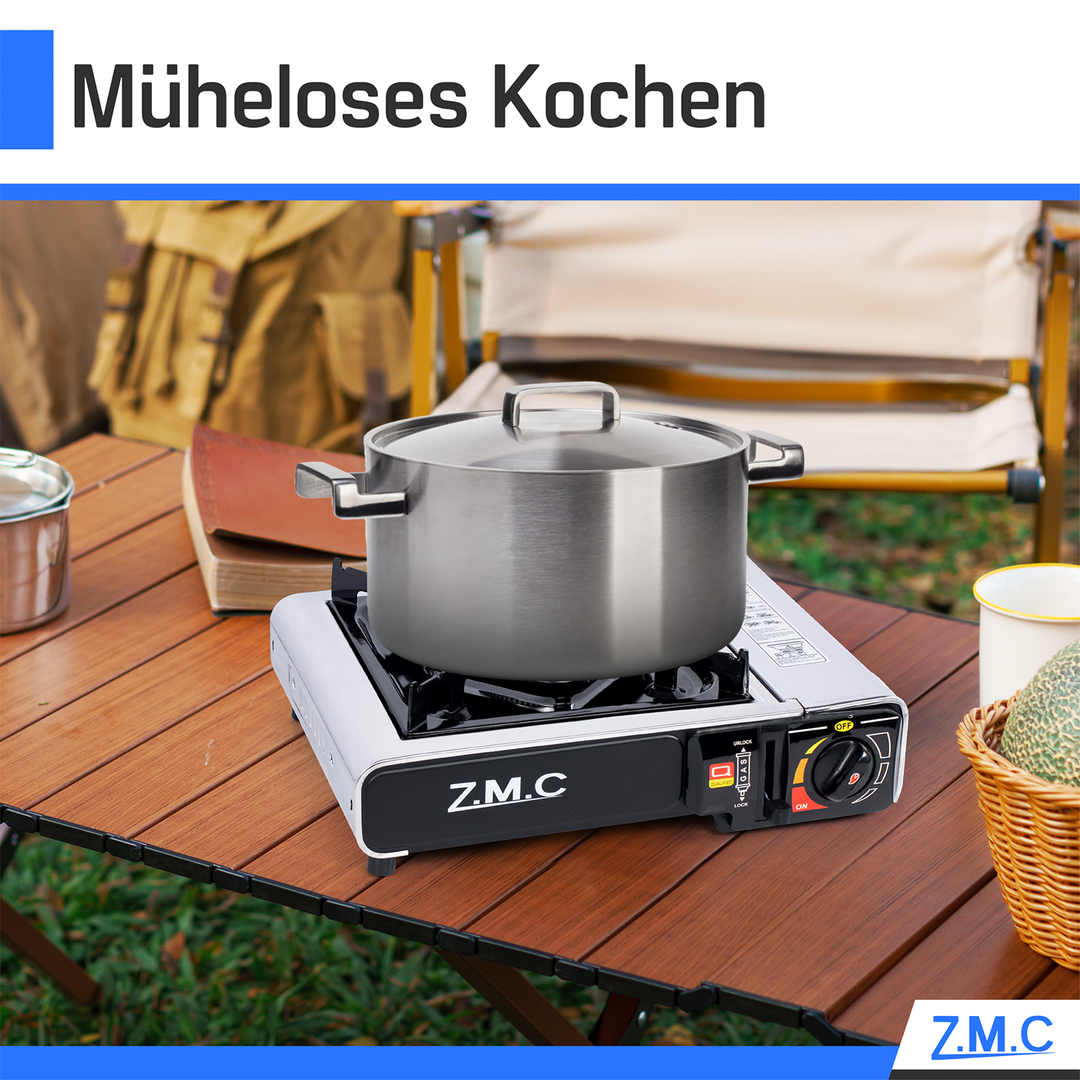 ZMC Edelstahl Gaskocher 1-flammig + Aufbewahrungskoffer Wählbar mit Gaskartuschen 227g oder Grillplatte , Campingkocher für Outdoor und Innenraum, 2,2 kW mit Piezozündung