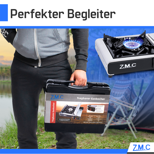 ZMC Edelstahl Gaskocher 1-flammig + Aufbewahrungskoffer Wählbar mit Gaskartuschen 227g oder Grillplatte , Campingkocher für Outdoor und Innenraum, 2,2 kW mit Piezozündung
