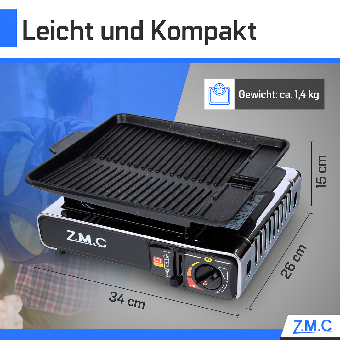 ZMC Edelstahl Gaskocher 1-flammig + Aufbewahrungskoffer Wählbar mit Gaskartuschen 227g oder Grillplatte , Campingkocher für Outdoor und Innenraum, 2,2 kW mit Piezozündung