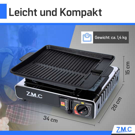 ZMC Edelstahl Gaskocher 1-flammig + Aufbewahrungskoffer Wählbar mit Gaskartuschen 227g oder Grillplatte , Campingkocher für Outdoor und Innenraum, 2,2 kW mit Piezozündung