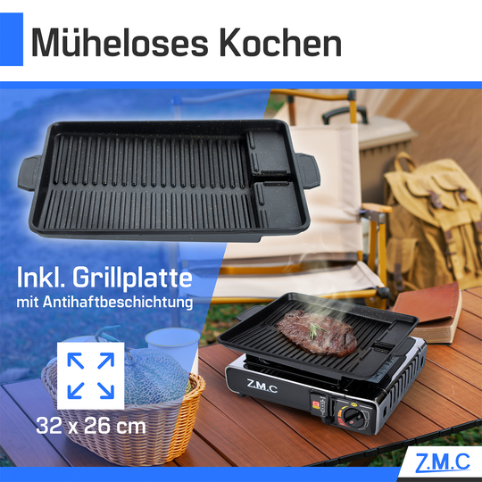 ZMC Edelstahl Gaskocher 1-flammig + Aufbewahrungskoffer Wählbar mit Gaskartuschen 227g oder Grillplatte , Campingkocher für Outdoor und Innenraum, 2,2 kW mit Piezozündung