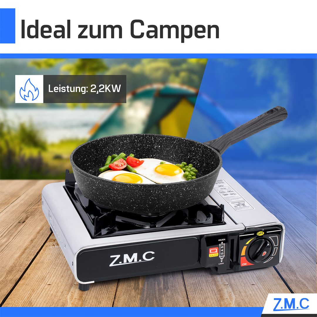 ZMC Edelstahl Gaskocher 1-flammig + Aufbewahrungskoffer Wählbar mit Gaskartuschen 227g oder Grillplatte , Campingkocher für Outdoor und Innenraum, 2,2 kW mit Piezozündung