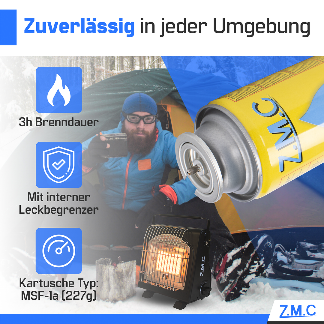 ZMC Butan Gaskartuschen 227g, Typ MSF-1a, Universal Gaskartusche mit Bajonett Anschluss für Campingkocher, Lötbrenner, Gasbrenner, Unkrautbrenner