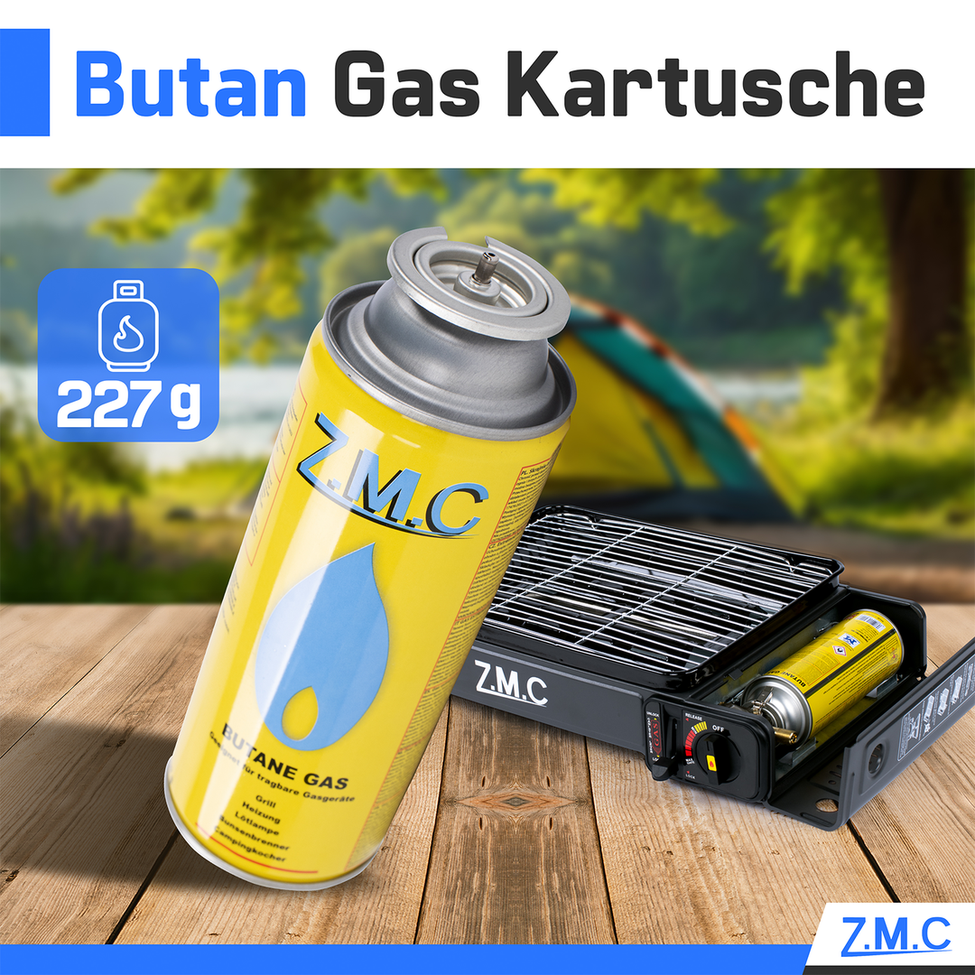 ZMC Butan Gaskartuschen 227g, Typ MSF-1a, Universal Gaskartusche mit Bajonett Anschluss für Campingkocher, Lötbrenner, Gasbrenner, Unkrautbrenner