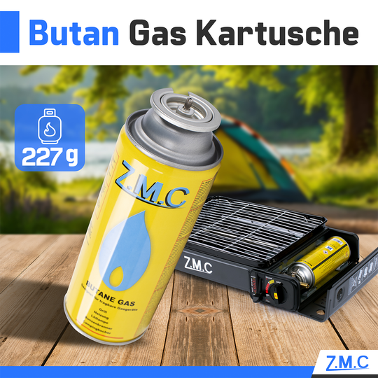 ZMC Butan Gaskartuschen 227g, Typ MSF-1a, Universal Gaskartusche mit Bajonett Anschluss für Campingkocher, Lötbrenner, Gasbrenner, Unkrautbrenner
