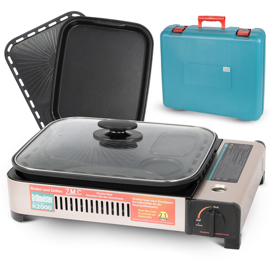 ZMC 2-in-1 Gaskocher und Gasgrill Wählbar mit Gaskartuschen 227g, inkl. Grillplatte, Pfanne, Glasdeckel und Koffer, Campingkocher für innen- und Außenbereich