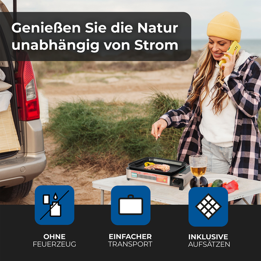ZMC 2-in-1 Gaskocher und Gasgrill Wählbar mit Gaskartuschen 227g, inkl. Grillplatte, Pfanne, Glasdeckel und Koffer, Campingkocher für innen- und Außenbereich