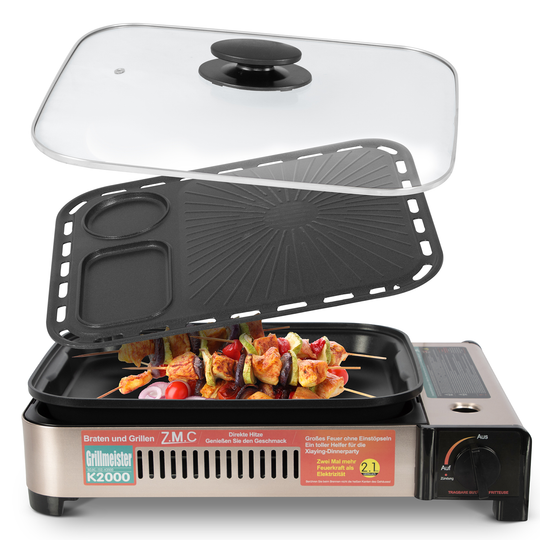 ZMC 2-in-1 Gaskocher und Gasgrill Wählbar mit Gaskartuschen 227g, inkl. Grillplatte, Pfanne, Glasdeckel und Koffer, Campingkocher für innen- und Außenbereich