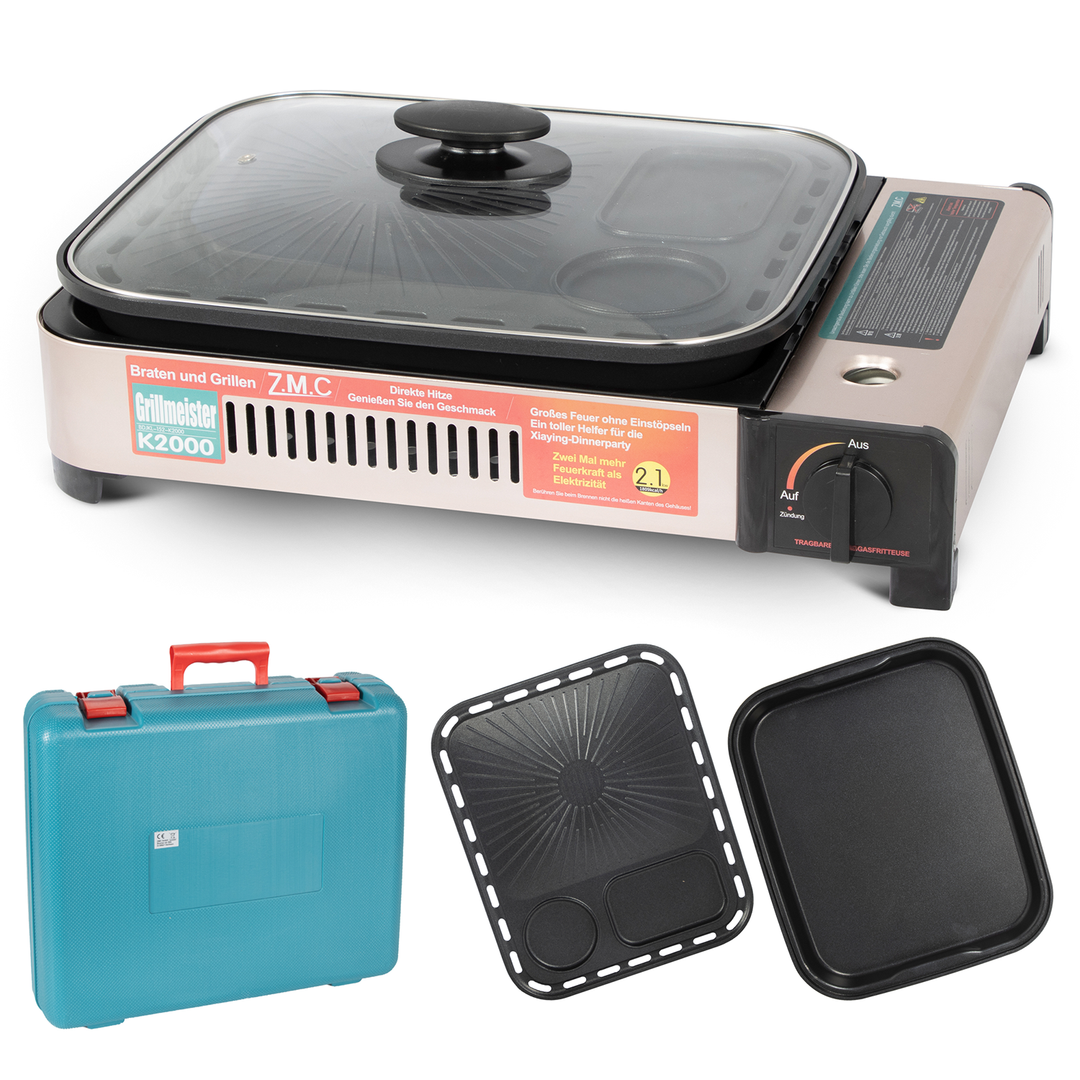 ZMC 2-in-1 Gaskocher und Gasgrill Wählbar mit Gaskartuschen 227g, inkl. Grillplatte, Pfanne, Glasdeckel und Koffer, Campingkocher für innen- und Außenbereich