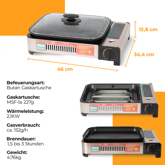ZMC 2-in-1 Gaskocher und Gasgrill Wählbar mit Gaskartuschen 227g, inkl. Grillplatte, Pfanne, Glasdeckel und Koffer, Campingkocher für innen- und Außenbereich
