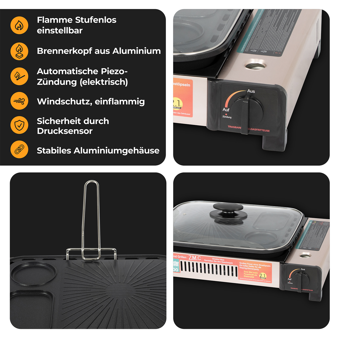 ZMC 2-in-1 Gaskocher und Gasgrill Wählbar mit Gaskartuschen 227g, inkl. Grillplatte, Pfanne, Glasdeckel und Koffer, Campingkocher für innen- und Außenbereich