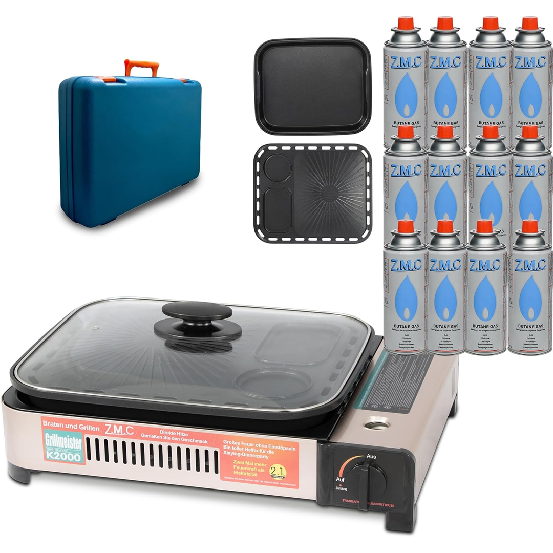 ZMC 2-in-1 Gaskocher und Gasgrill Wählbar mit Gaskartuschen 227g, inkl. Grillplatte, Pfanne, Glasdeckel und Koffer, Campingkocher für innen- und Außenbereich